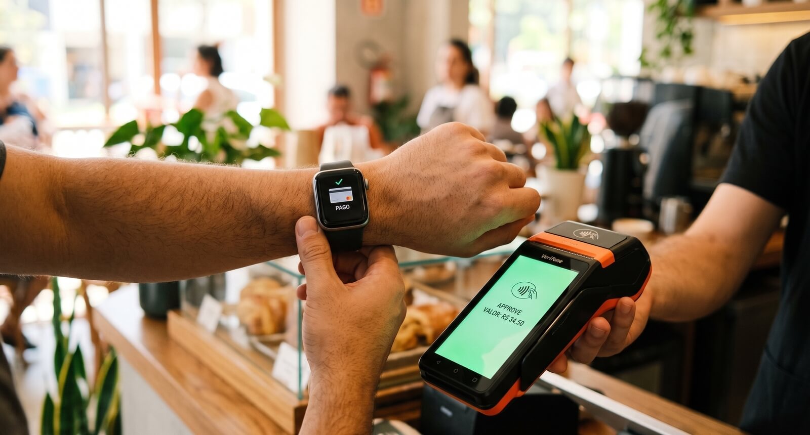 Celular com carteira digital aberta com pagamento aprovado de uma maquininha de cartão