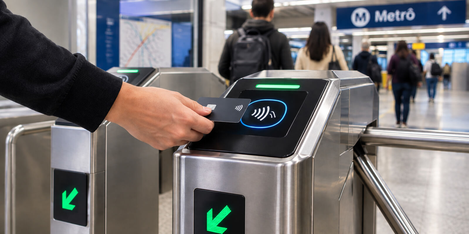 Passageiro encostando o cartão no validador de uma catraca de metrô